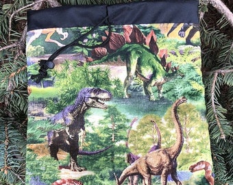 Dinosaurs flat drawstring bag for travel, hairbrushes, toiletries, knitting projects or Rummikub tiles, The Flatie Jr