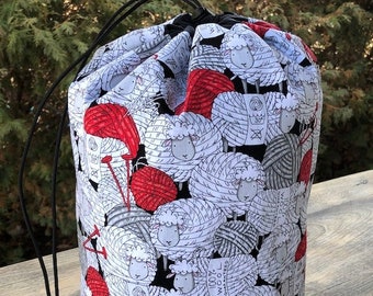 Sheep drawstring bag, WIP bag, knitting project bag, Skeins of Sheep, Large Suebee