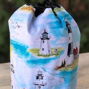 Lighthouses knitting or crochet project bag, WIP bag, drawstring bag, Rummikub tile bag, reusable gift bag, Suebee