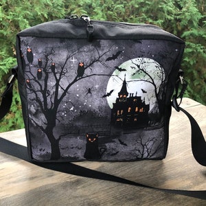 Spooky medium sized zippered cross body shoulder bag, Haunted House, The Raccoon, optional inner pockets