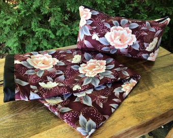 Mahjongg four racks and pushers sleeve with matching tile bag, Peonies on Burgundy, The Racker and large Zini