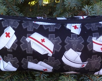 Nurses flat bottom bag, flat bottom pouch, knitting notions pouch, Nurses Caps on Black,  The Zini