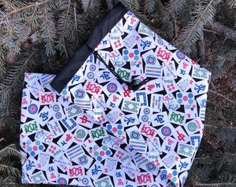 Mahjongg rack sleeve, drawstring bag to hold your 4 mahjong racks and pushers, Mahjong Tiles on Black, The Racker
