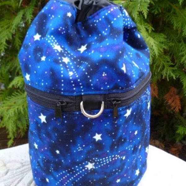 Knitting bag, drawstring bag, knitting in public bag, small project bag, Glow in the Dark Stars, Kipster