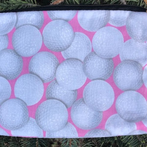 Golf zippered accessory bag, reusable gift bag, Golf Balls on Pink, The Scooter