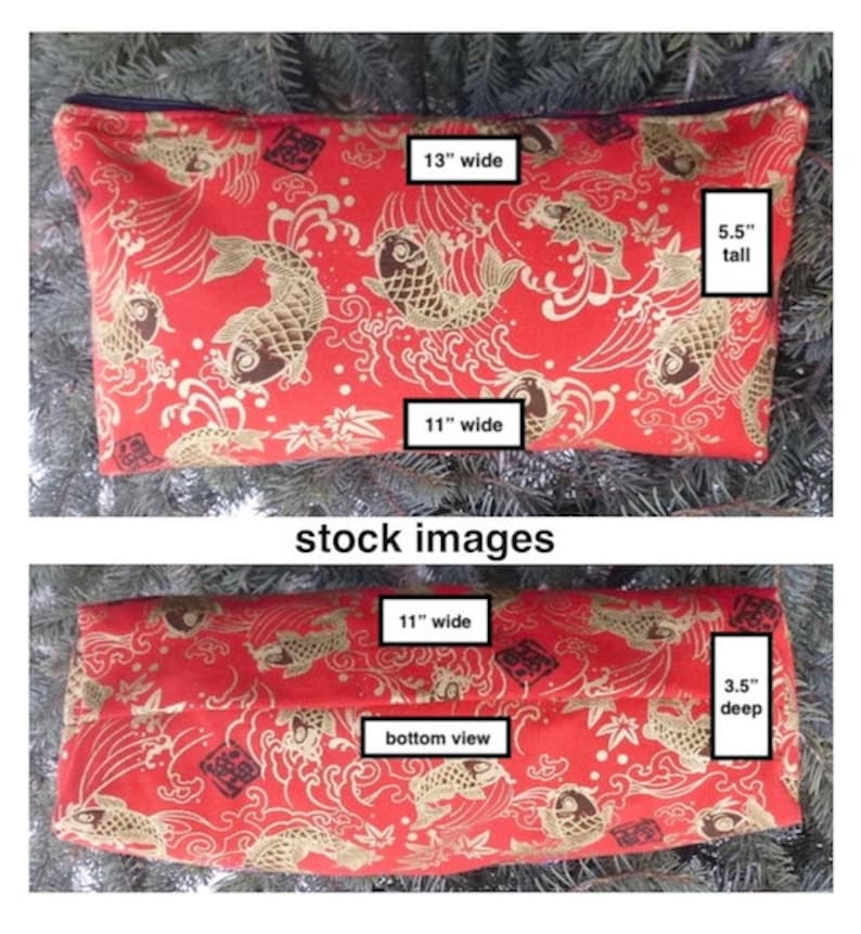 May include: Red zippered pouch with a gold koi fish pattern. The pouch measures 13 inches wide, 11 inches long, and 5.5 inches tall.