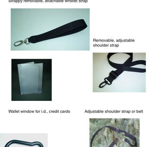 May include: A set of optional add-ons for a bag or purse. The set includes a black wristlet strap, a black adjustable shoulder strap, a clear plastic wallet window, a black carabiner, and a black adjustable shoulder strap or belt.