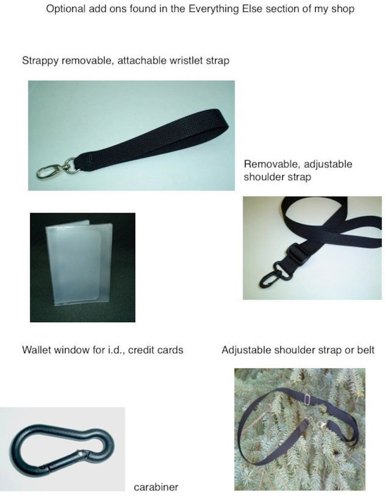 May include: A set of optional add-ons for a bag or purse. The set includes a black wristlet strap, a black adjustable shoulder strap, a clear plastic wallet window, a black carabiner, and a black adjustable shoulder strap or belt.