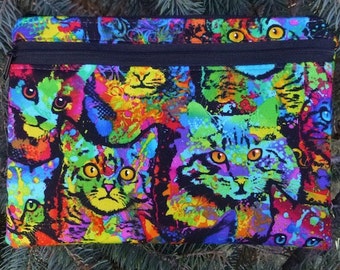 Cats large clutch, knitting notions case or diabetic supplies case with optional wristlet or shoulder strap, Painted Cats, The Morning Glory