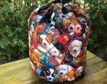 Dogs large knitting or crochet bag for bulky projects like an afghan or blanket, large WIP bag, Quilty Pups, The Alpaca
