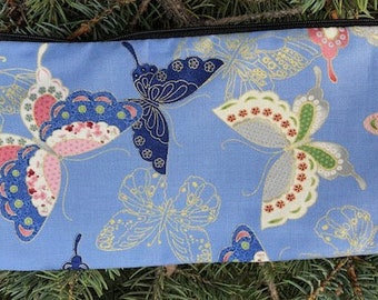 Japanese pencil case, zippered bag, crochet hook case, knitting notion pouch, Sakura Butterflies, The Deep Scribe