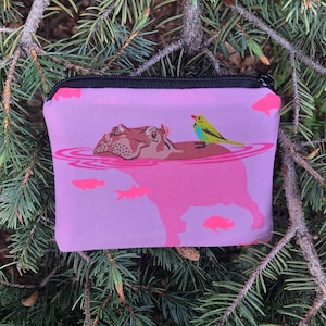 Coin purse, stitch marker pouch, reusable gift card pouch, credit card case, Tula Pink My Hippos Don't Lie in pink, Raven