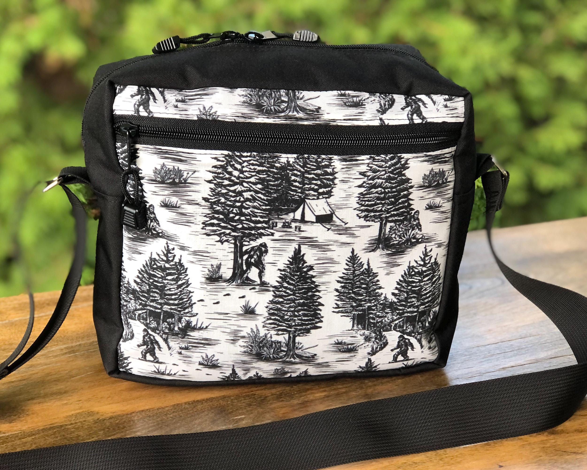Bigfoot boxy zippered cross body shoulder bag with inner and outer pockets, Sasquatch Stroll, The Super Raccoon