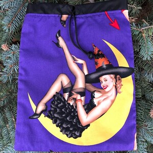 Witch drawstring bag for knitting, storing Rummikub tiles, hairbrushes, or travel, Matilda, The Flatie Jr