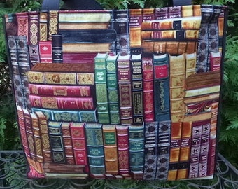 Books deep tote bag for shopping, travel or knitting project tote bag, Classic Books, The Fauna, optional pocket add-on