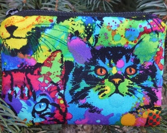 Colorful cat coin purse or use for credit cards, stitch markers, jewelry pouch, or gift cards, Painted Cats, The Raven