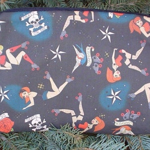 Roller derby girls zippered bag for makeup or accessories, Retro Derby Girls, The Scooter, pick your color