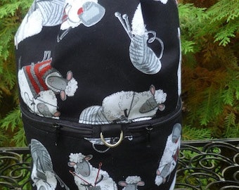 Large knitting bag with sheep, wip bag, knitting in public bag, large project bag, knitting sheep on black, Large Kipster