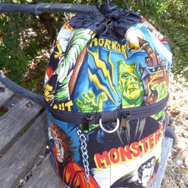 movie monsters WIP knitting bag,drawstring bag, knitting in public bag, small project bag, Kipster