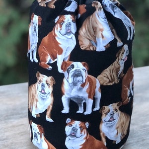 English Bulldogs knitting or crochet project bag, WIP bag, drawstring bag, Rummikub tile bag, reusable gift bag, Suebee