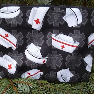 Nurses make up bag, makeup case, accessory bag, zippered pouch, zippered bag, nurse caps on black, The Scooter