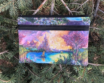 Large clutch, knitting notions case or diabetic supplies case with optional wristlet or shoulder strap, World of Wonder, The Morning Glory