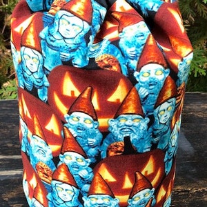 Zombie Gnomes round knitting project bag, reusable gift bag, Mahjong, Scrabble, Rummikub tile bag, Suebee, faces glow in the dark