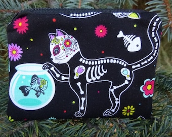 Day of the Dead cats coin purse, credit card case, gift card pouch, The Raven, optional d-ring carabiner or clip