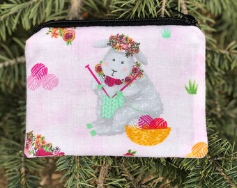 Knitting coin purse, gift card pouch, stitch marker pouch, Knitting Goddess in pink, The Raven