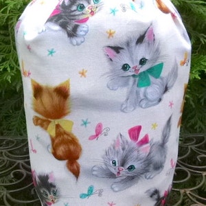 Cat knitting or crochet project bag, WIP bag, drawstring bag, Rummikub tile bag, Retro Kitties, Suebee