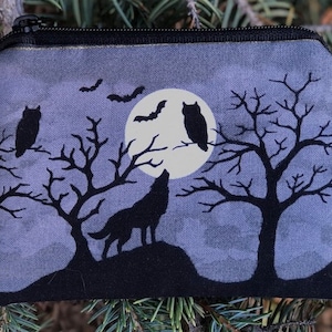 Howling Wolf zippered coin purse, credit card case, gift card or stitch marker pouch, The Raven