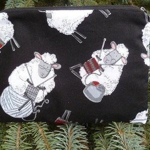 Sheep zippered bag, knitting notions bag, make up bag, accessory bag, Knitting Sheep on Black, The Scooter