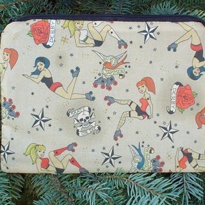 Roller derby girls zippered accessory bag or makeup case, The Scooter, pick your color