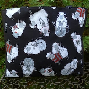 Knitting project tote bag, Knitting Sheep, The Fauna, optional pocket add-on