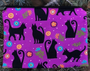 Black cats zippered accessory bag for makeup, knitting notions, accessories, organizing, reusable gift bag, Folktown Cats, The Scooter