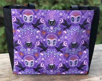 Witchy deep tote bag for shopping, travel, or knitting project tote bag, Spell Book, The Fauna