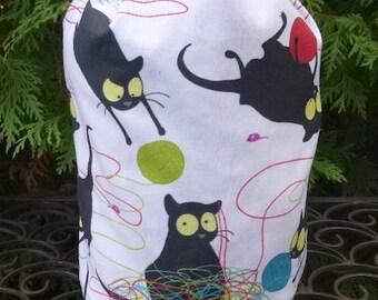 Black cat knitting project bag,  drawstring bag, WIP bag, happy kitty, Suebee