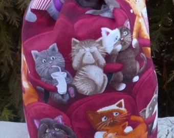 Cat drawstring knitting project bag, WIP bag, game tile bag, Rummikub, Scrabble, Mahjong,  Scaredy Cats, Suebee