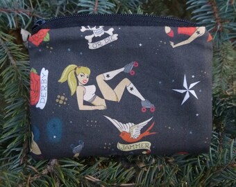 Roller derby coin purse, credit card pouch, stitch marker pouch, Retro Derby Girls Dark or Light, The Raven