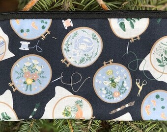 Embroidery zippered notions pouch, pencil case, Embroidery Hoops, The Deep Scribe