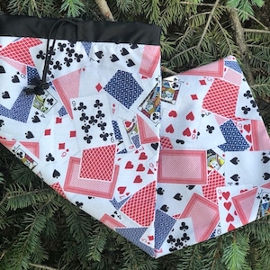 Flat drawstring bag for canasta racks, spinner and cards, or Rummikub racks and tiles, Blue and Red Playing Cards, Racker Jr.