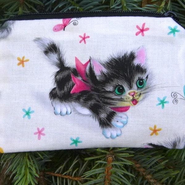 Cat coin purse, gift card pouch, credit card pouch,stitch marker case, Retro Kitties, The Raven