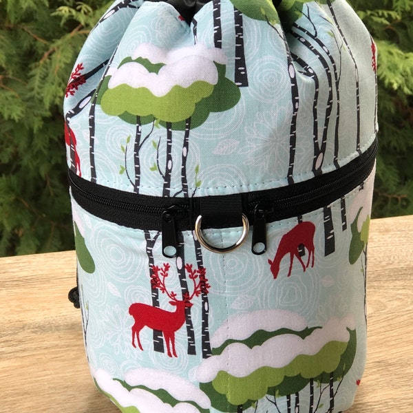 Knitting bag, drawstring bag, knitting in public bag, small project bag, Rustique Winter, Kipster