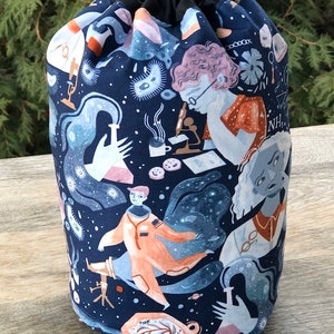 Science knitting or crochet project bag, WIP bag, drawstring bag, Rummikub tile bag, Women in Science, Suebee