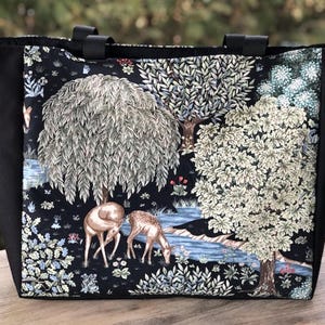 Forest deep tote bag for shopping, travel or knitting project tote bag, Two Deer, The Fauna