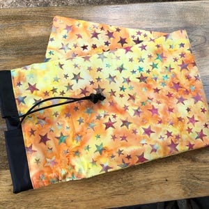 Orange batik mahjongg rack sleeve, drawstring bag to hold your 4 mahjong racks and pushers, Batik Stars, The Racker