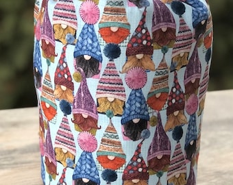Gnomes knitting or crochet project bag, WIP bag, drawstring bag, Rummikub tile bag, reusable gift bag, Hatty Gnomes, Suebee