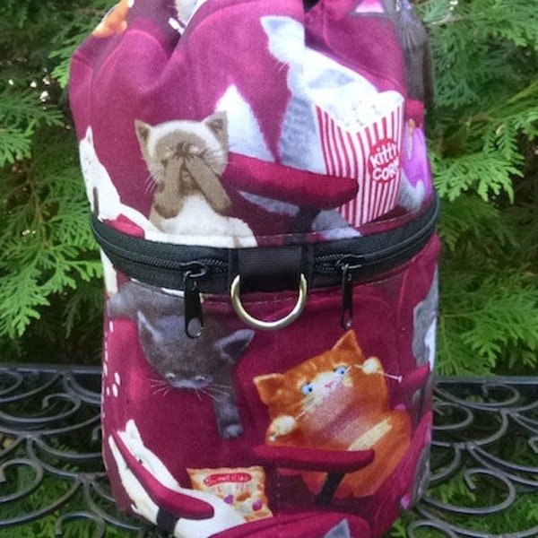 Cat Knitting bag, drawstring bag, knitting in public bag, small project bag, Scaredy Cat, Kipster