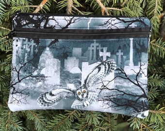 Owls shoulder purse clutch, optional wristlet/ shoulder strap, diabetic or knitting supply case, Owl's Graveyard, The Morning Glory