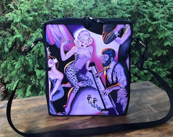 Purple Monsters zippered shoulder bag with adjustable shoulder strap and key clip, Scream Date, The Fox